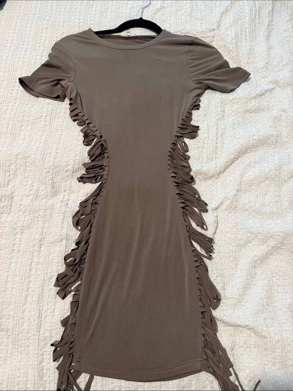 Fringe-Trim Short Sleeve Bodycon Dress in Brown